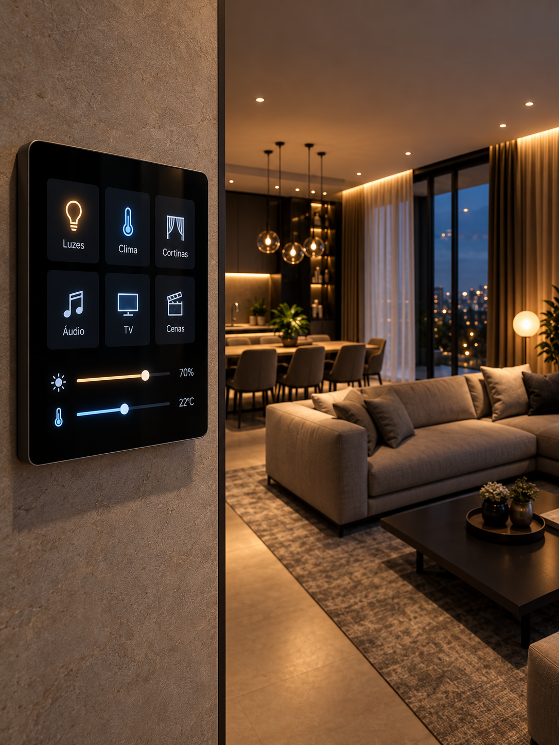 Sala de alto padrão com central touchscreen para comandos de iluminação, climatização, cortinas, áudio, TV e cenas