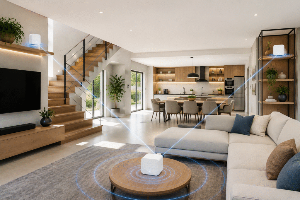 Residência ampla com ambientes integrados, onde o planejamento da rede conecta toda a casa